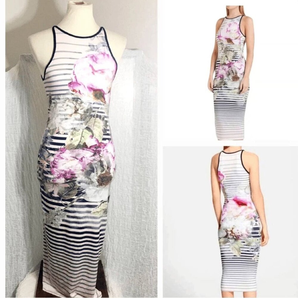 Ted Baker London Laya Peony Floral Stripe Midi Dress - Picture 1 of 8